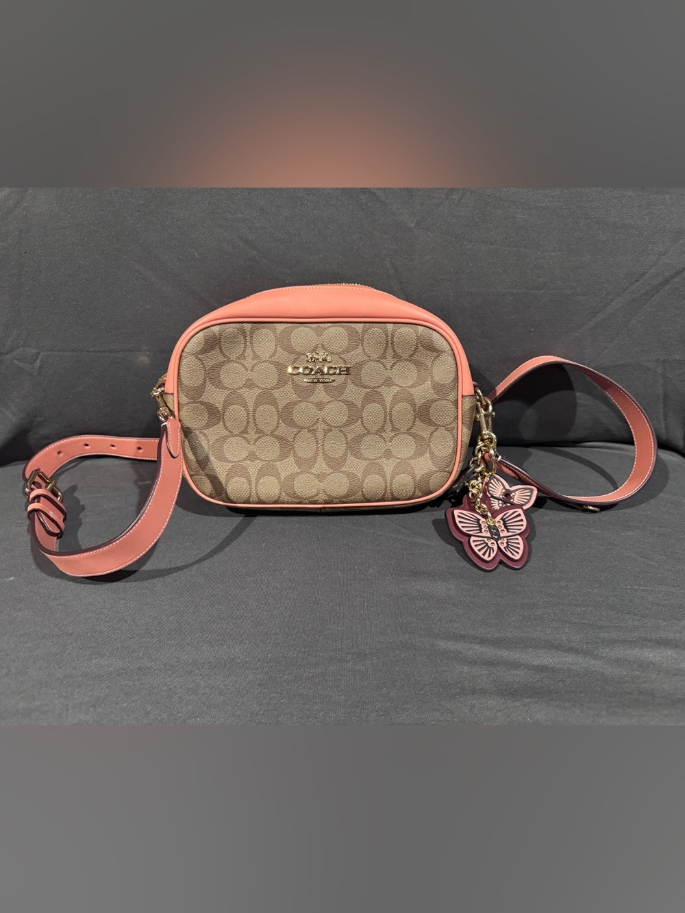 Coach Signature Canvas Crossbody with Pink Trim and Butterfly Charm